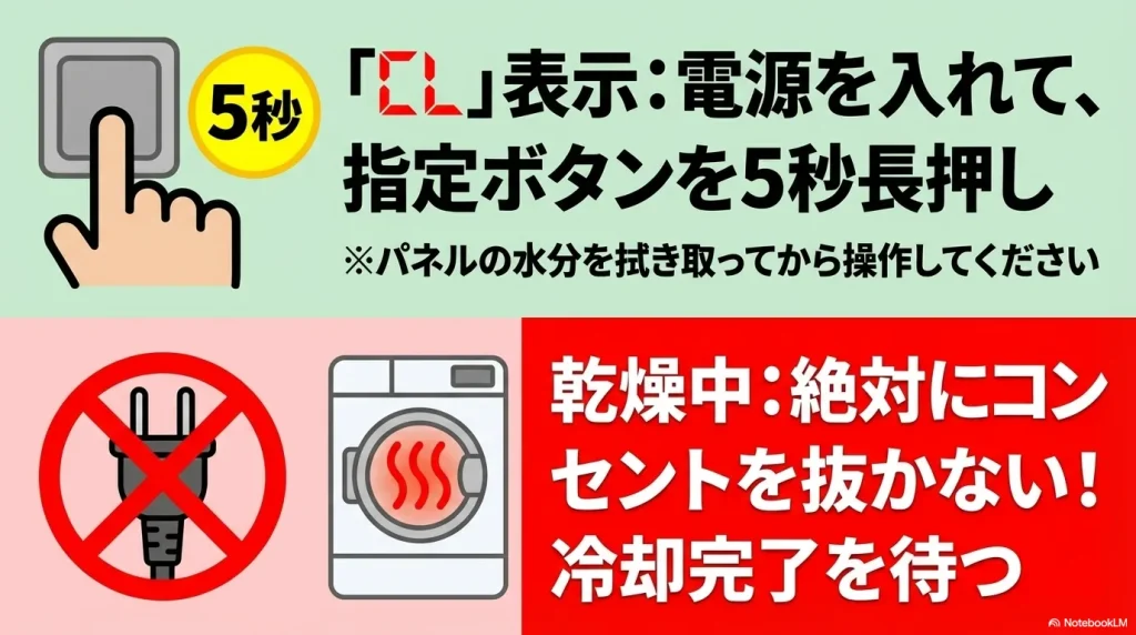 指定ボタンを5秒長押しする操作、電源プラグを抜くことの禁止、冷却完了を待つよう促すイラスト 