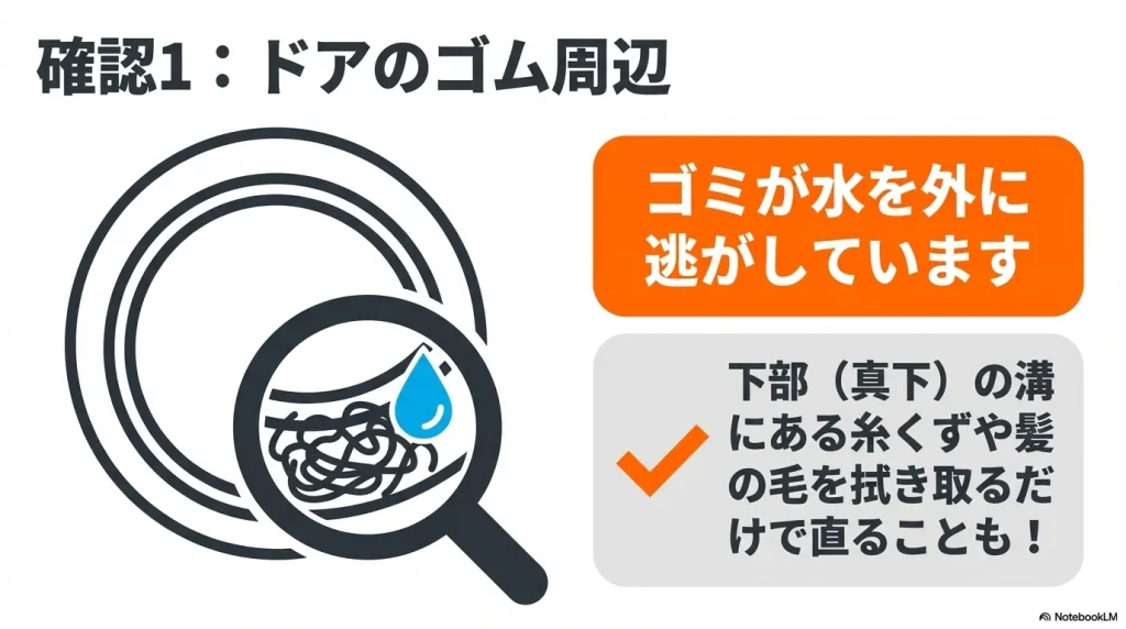 ドアパッキンの溝に溜まった糸くずや髪の毛を虫眼鏡で確認しているイラスト