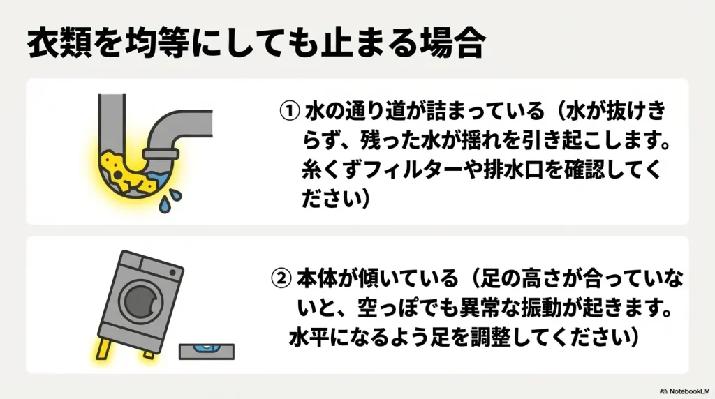 水の通り道の詰まり(排水口やフィルター)と、本体の傾きが原因で発生する異常振動を説明するイラスト。