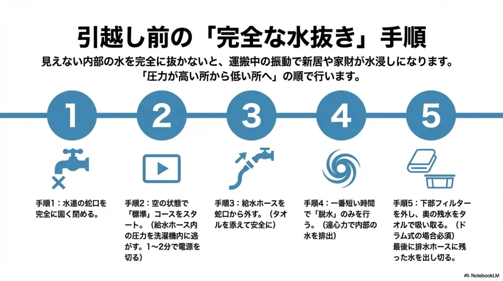 蛇口を閉める作業から始まり、標準コースや脱水を利用して完全に水を抜き切るまでの5つの手順