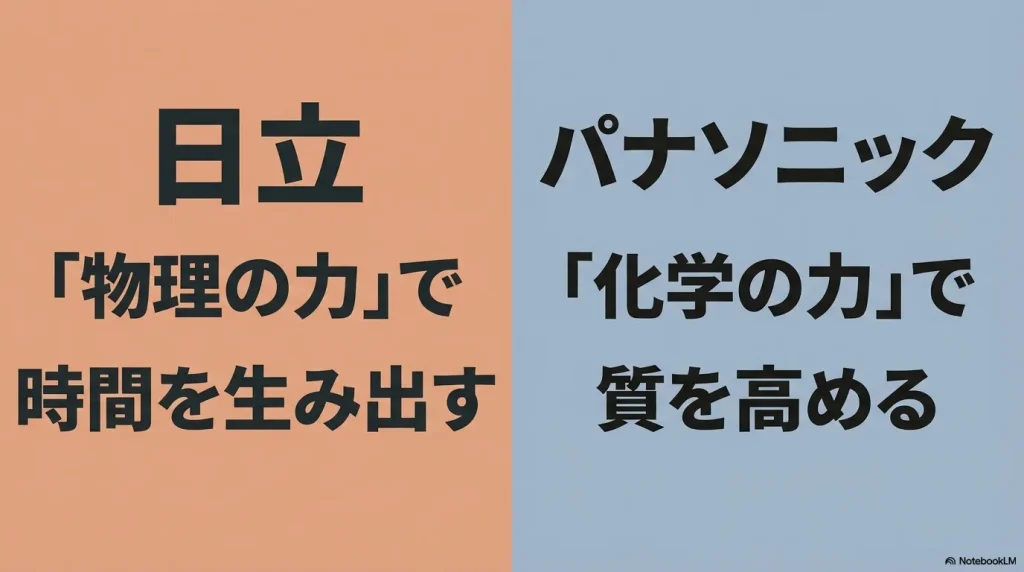 日立は物理の力で時間を生み出し、パナソニックは化学の力で質を高めるという設計思想の比較。