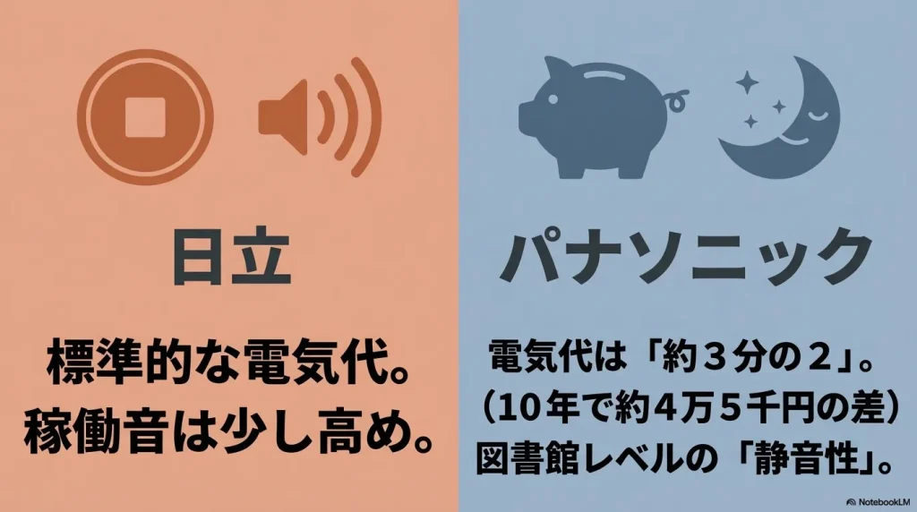 パナソニックの電気代は日立の約3分の2で静音性が高い。日立は標準的な電気代と稼働音。 