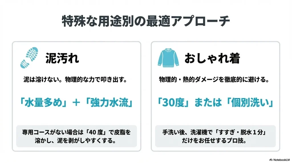 特殊な用途別の洗濯アプローチ。おしゃれ着はダメージを避け、泥汚れは物理的な力で叩き出すというポイントの解説。