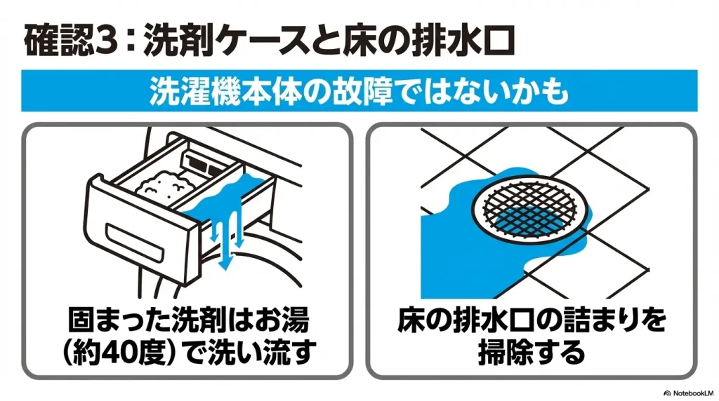 固まった洗剤をお湯で流す洗剤ケースと、床の排水口の詰まりを掃除するイメージイラスト