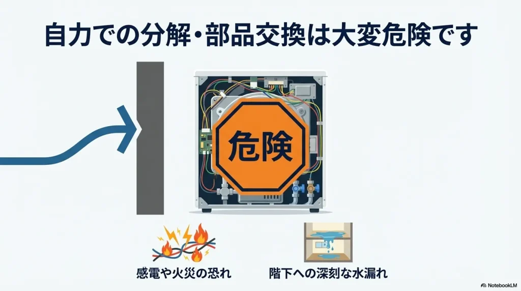 自力での分解や部品交換は大変危険であり、感電や火災の恐れ、階下への深刻な水漏れにつながるリスクを警告するスライド