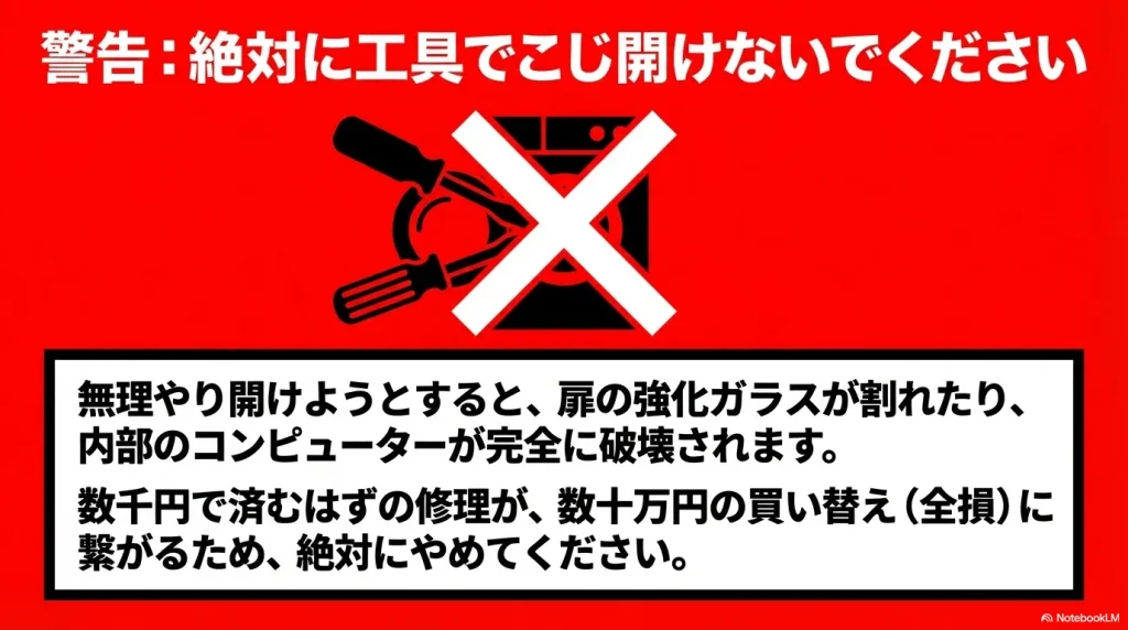 工具で無理やり開けようとすると扉の強化ガラスが割れたり内部のコンピューターが破壊され高額な買い替えに繋がるため絶対にやめるよう警告する図