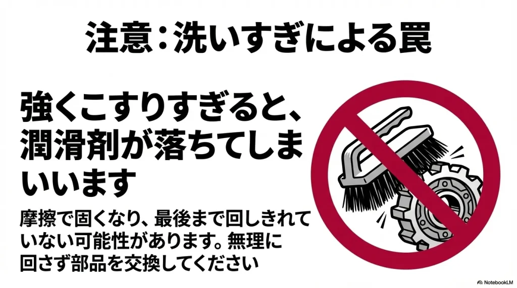 ブラシで強くこすりすぎることを禁止する図解スライド。 潤滑剤が落ちて摩擦で固くなり回しきれなくなるため、無理に回さず部品を交換するよう警告している。
