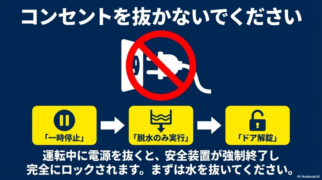コンセントを抜く操作にバツ印がついた警告イラスト。運転中に電源を抜くと安全装置が強制終了し完全にロックされるため、まずは一時停止して水を抜く手順を案内しています。