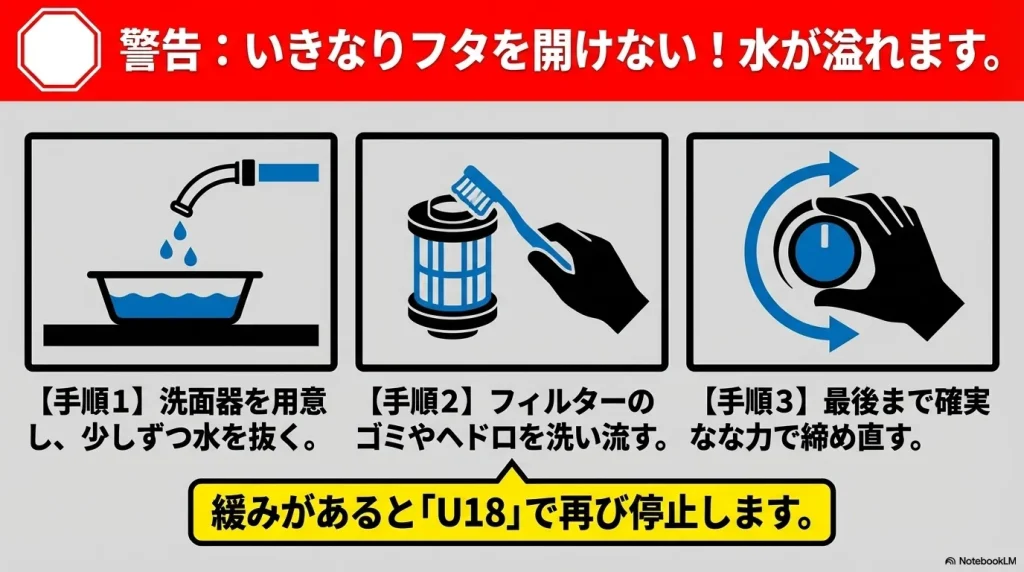 排水フィルターの掃除手順を図解。水抜き、ゴミの洗い流し、U18エラーを防ぐための確実な締め直し方を警告と共に説明している。