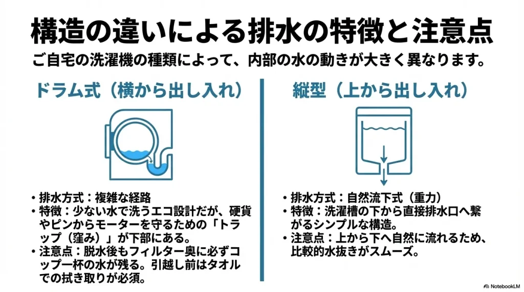 下部にトラップ構造を持つドラム式洗濯機と、自然流下式である縦型洗濯機の内部構造比較図
