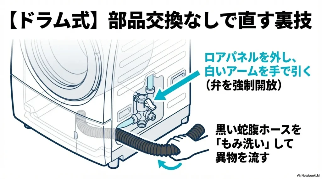 ドラム式洗濯機の白いアームを引いて弁を開け、黒い蛇腹ホースをもみ洗いして異物を流す手順のイラスト。