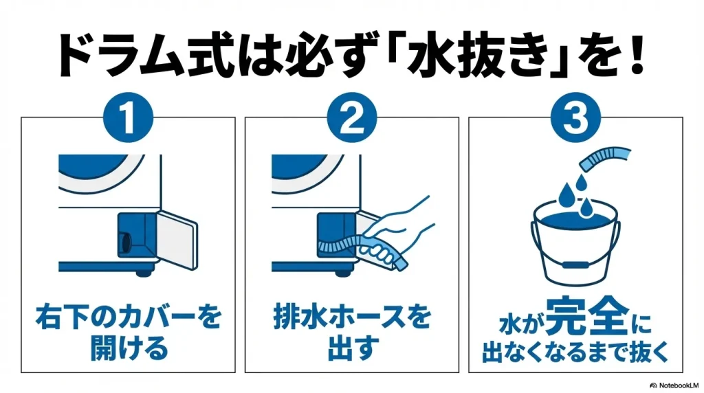 右下のカバーを開け、排水ホースを出して水が完全に出なくなるまで抜く手順のイラスト