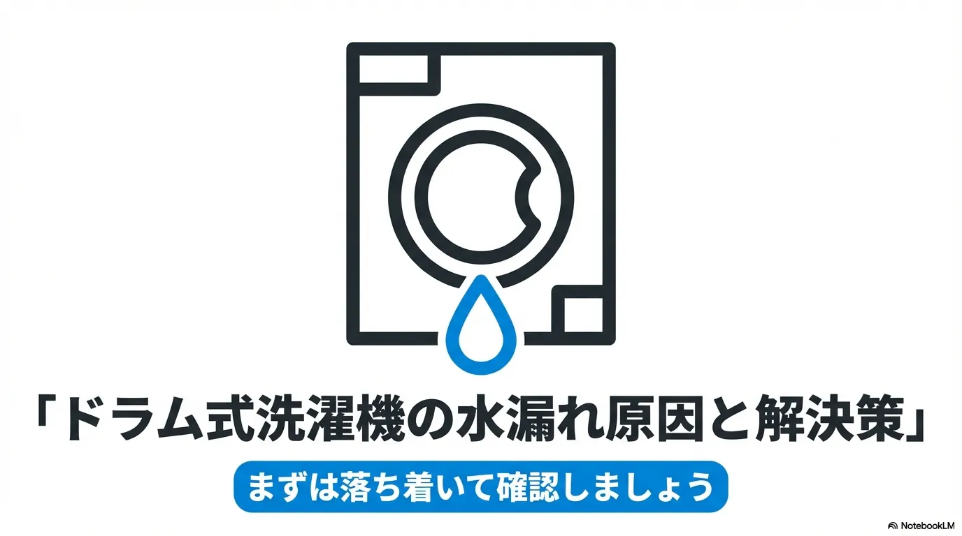 ドラム式洗濯機から水が漏れているアイコンと記事タイトルのイメージ画像