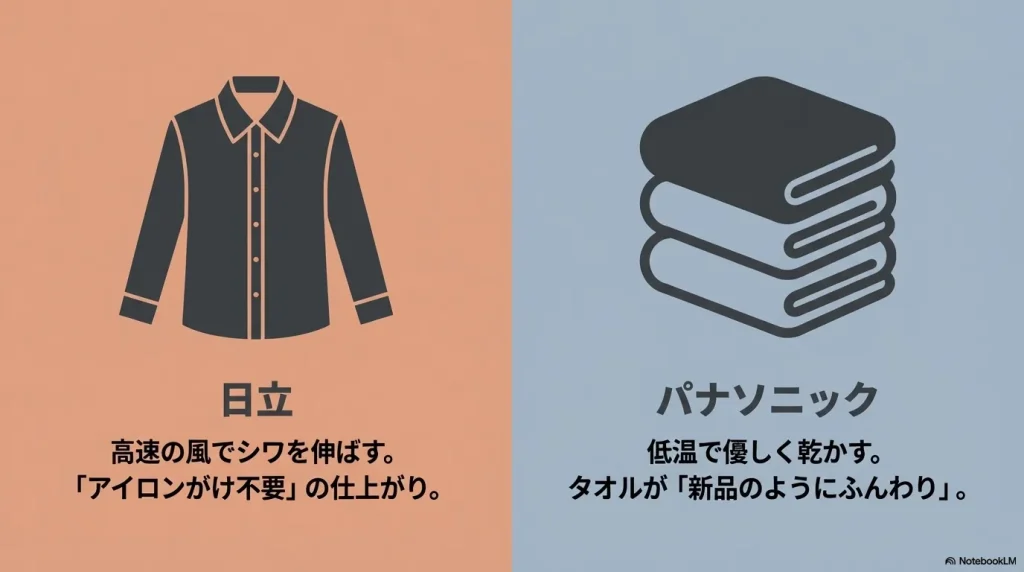 日立の高速風によるシワ伸ばしと、パナソニックの低温乾燥によるタオルのふんわり感の比較。