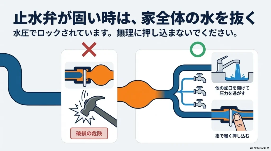 止水弁が固い時は家全体の水を抜く必要があり、無理に押し込むと破損の危険があるため、他の蛇口を開けて圧力を逃がしてから指で軽く押し込む手順を解説したスライド 