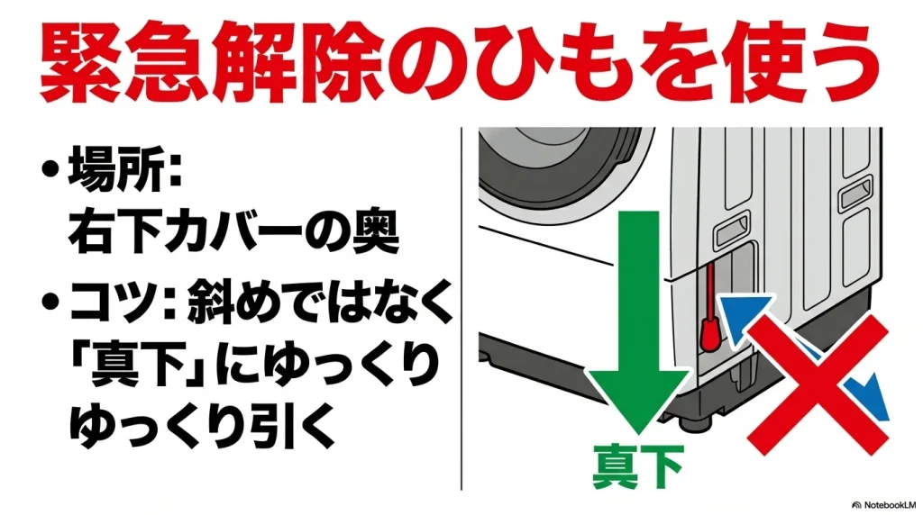 ドラム式洗濯機の右下カバー奥にある緊急解除のひもを、斜めではなく真下にゆっくり引く手順 