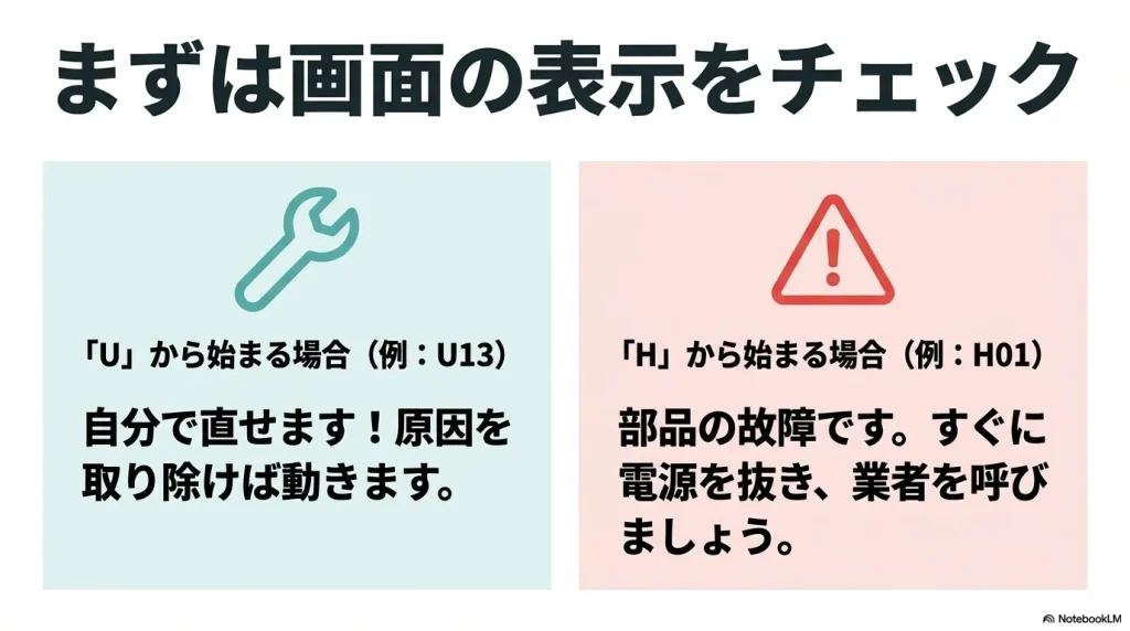 画面表示が「U」から始まる場合は自分で直せ、「H」から始まる場合は部品の故障のため業者を呼ぶ必要があることを示すスライド