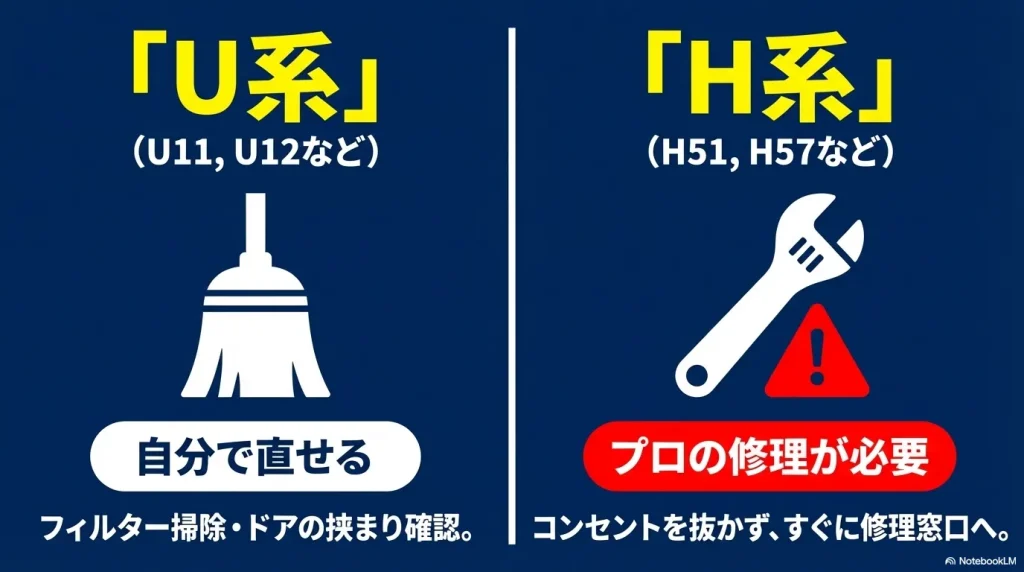 自分で直せるU系エラー（ほうきのアイコン）とプロの修理が必要なH系エラー（スパナと警告アイコン）の違いを分かりやすく解説したスライド。