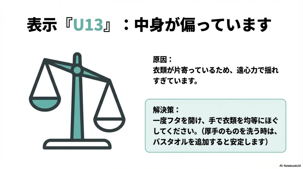「U13」表示は衣類が片寄っていることが原因であり、フタを開けて手で均等にほぐす解決策を解説するスライド