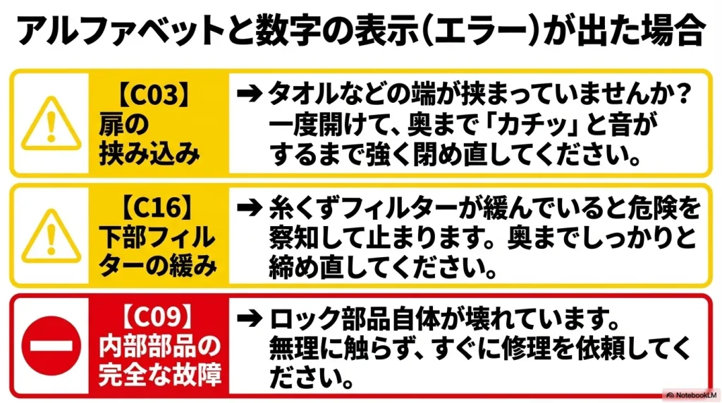 C03は扉の挟み込み、C16は下部フィルターの緩み、C09は内部部品の完全な故障を示すエラーコードの一覧表