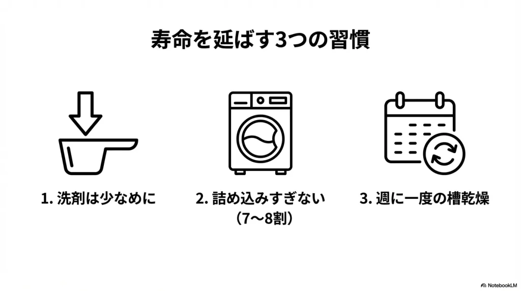 洗濯機の寿命を延ばす3つの習慣:洗剤少なめ、詰め込まない、槽乾燥