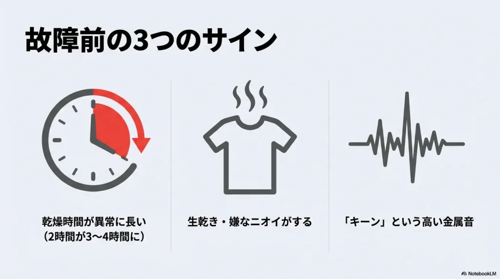 乾燥時間の異常な延長、生乾きやニオイ、キーンという高い金属音など、故障前に現れる典型的なサインのまとめ。