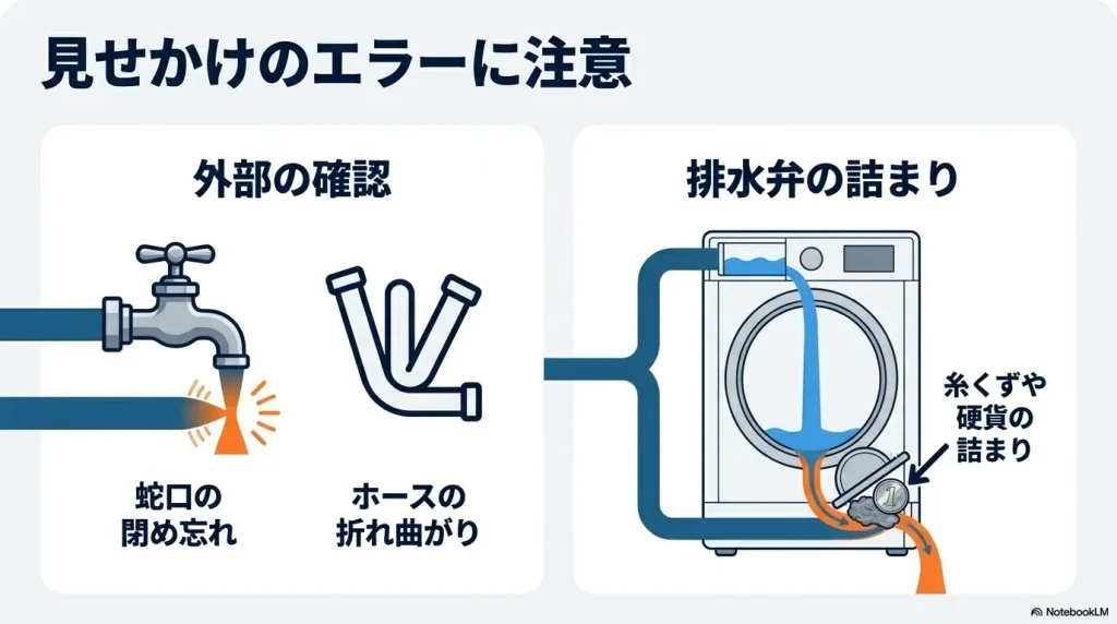外部の確認項目として、排水弁の詰まり、蛇口の閉め忘れ、ホースの折れ曲がり、糸くずや硬貨の詰まりなどを見せかけのエラー原因として図解したスライド