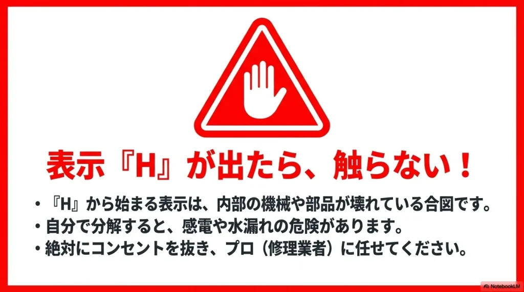 「H」が出たら内部の機械が壊れている合図であり、触らずにコンセントを抜いてプロの修理業者に任せるべきという警告スライド