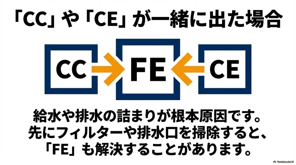 エラーFEと同時にCCやCEが表示された場合、給水や排水の詰まりが根本原因であることを示す図