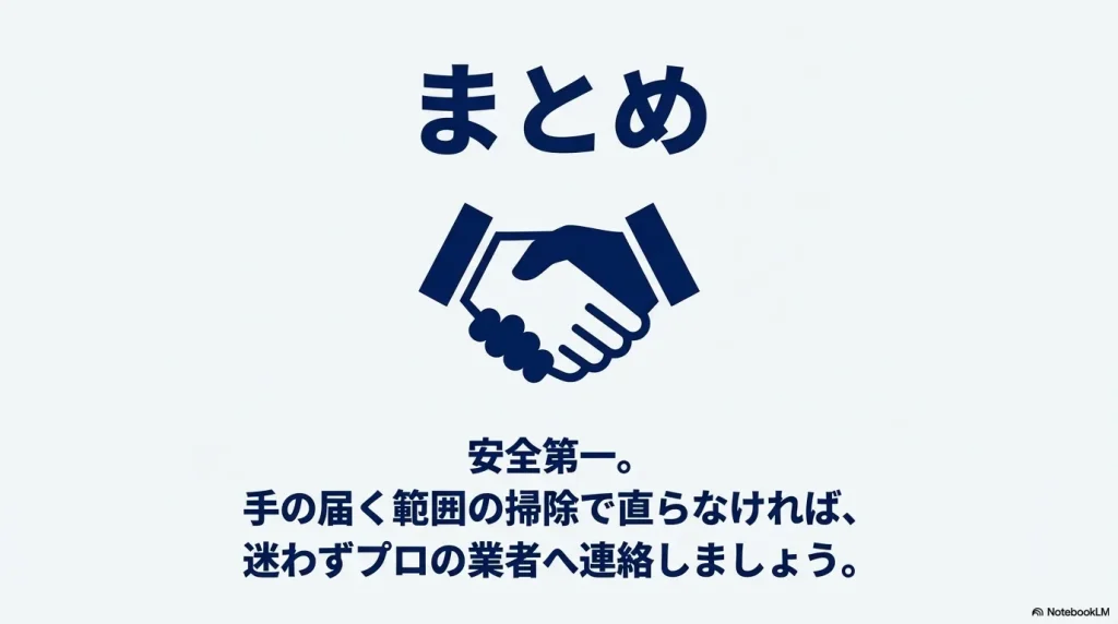安全第一を心がけ、手の届く範囲で直らなければ迷わずプロの業者へ連絡することを促すまとめスライド