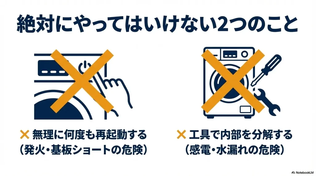 発火や基板ショートの危険がある無理な再起動と、感電や水漏れの危険がある工具での内部分解を禁止する警告図