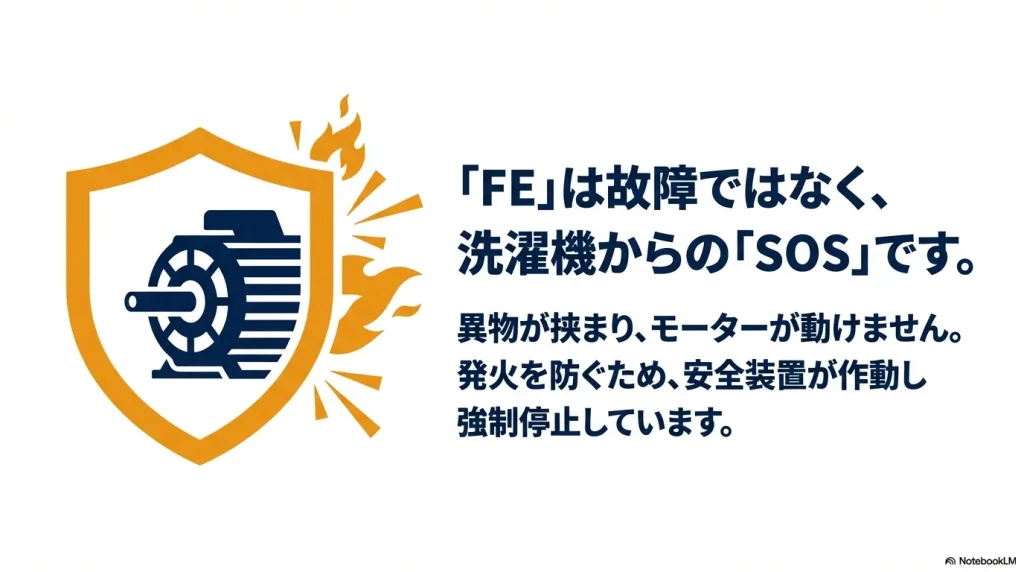 FEエラーは故障ではなく、モーターの異物挟まりによる発火を防ぐための安全装置（SOS）であることを示す図解