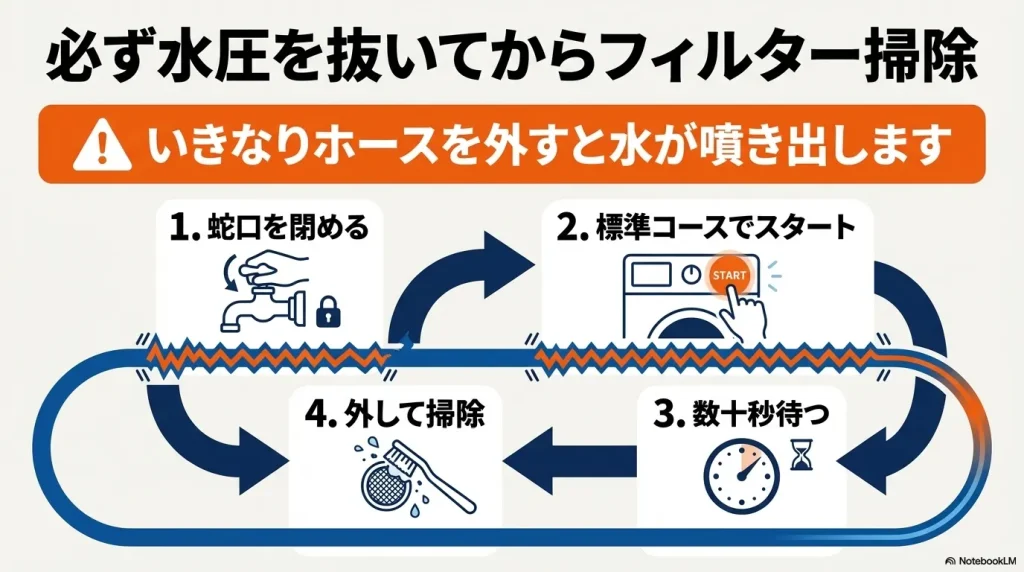 必ず水圧を抜いてからフィルター掃除を行う手順として、1.蛇口を閉める、2.標準コースでスタート、3.数十秒待つ、4.外して掃除するという4ステップを示したスライド