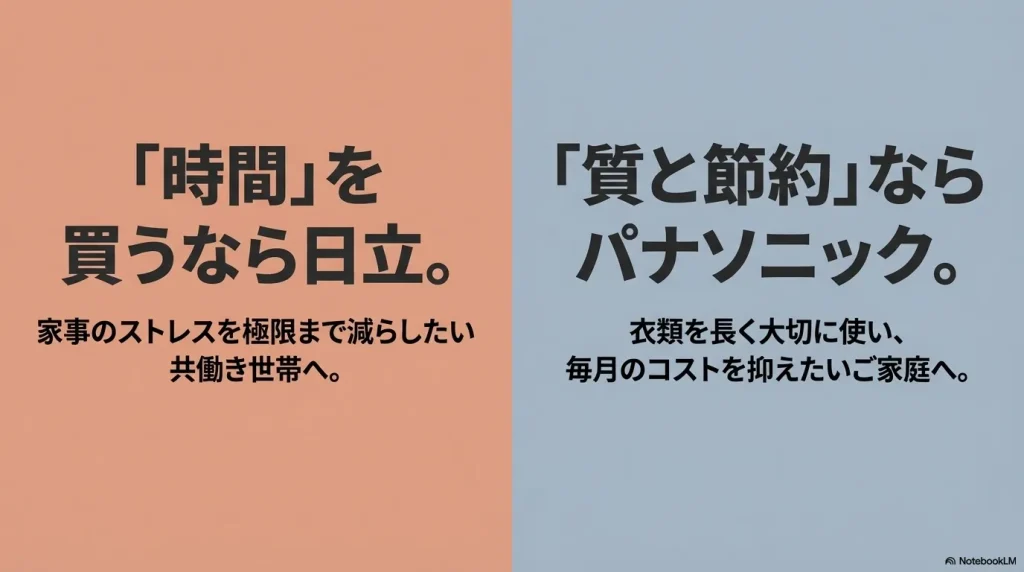 時間を優先する共働き世帯は日立、質と節約を重視する家庭はパナソニックがおすすめ。