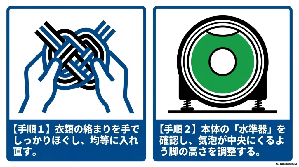 異常振動を防ぐ手順。衣類の絡まりをほぐす方法と、水準器の気泡が中央にくるように脚の高さを調整する方法を図解。