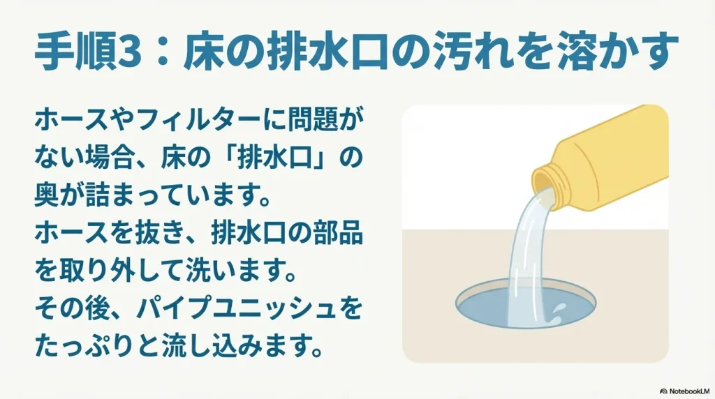 排水口の部品を外し、パイプユニッシュを直接流し込んでいるイメージ図