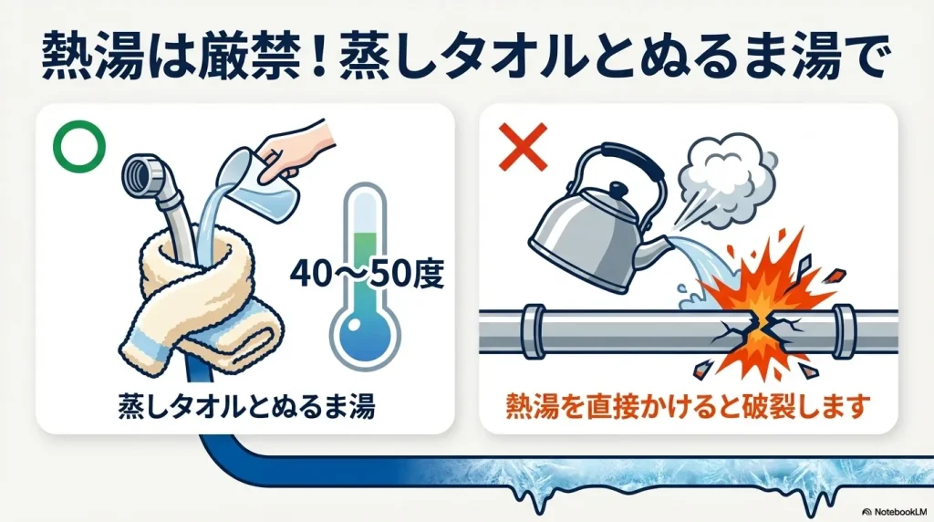 熱湯を直接かけると破裂するため厳禁とし、40度から50度のぬるま湯と蒸しタオルを使用して解氷するよう注意を促すスライド