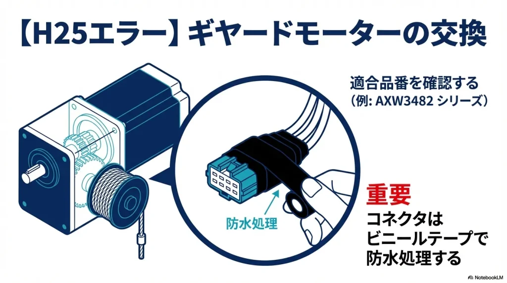 H25エラー解消のためのギヤードモーター交換において、コネクタをビニールテープで防水処理する重要性の説明。