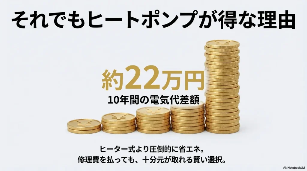 ヒートポンプ式はヒーター式より圧倒的に省エネで、10年間で約22万円の電気代差額が出ることを示す比較図。