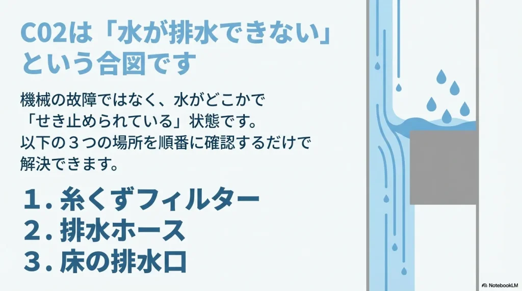 C02エラーの意味と、確認すべき3つの場所（フィルター、ホース、排水口）の解説