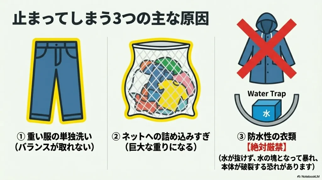 脱水エラーの原因として、①重い服の単独洗い、②ネットへの詰め込みすぎ、③防水性の衣類(厳禁)の3つをイラストで紹介。防水着の中に水が溜まる「Water Trap」についても図解。