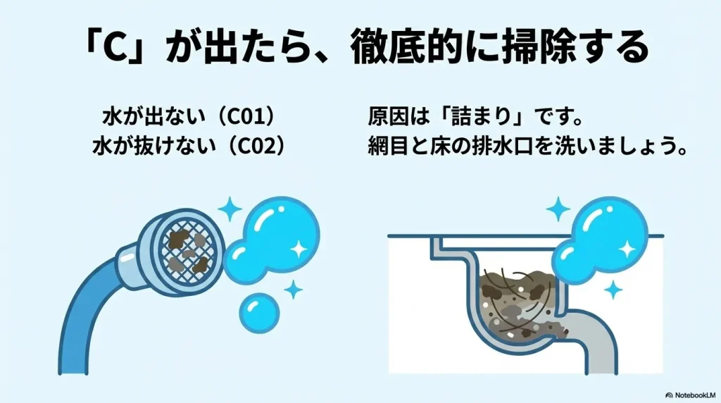 水が出ないC01は網目、水が抜けないC02は排水口の詰まりを掃除することを推奨するイラスト。