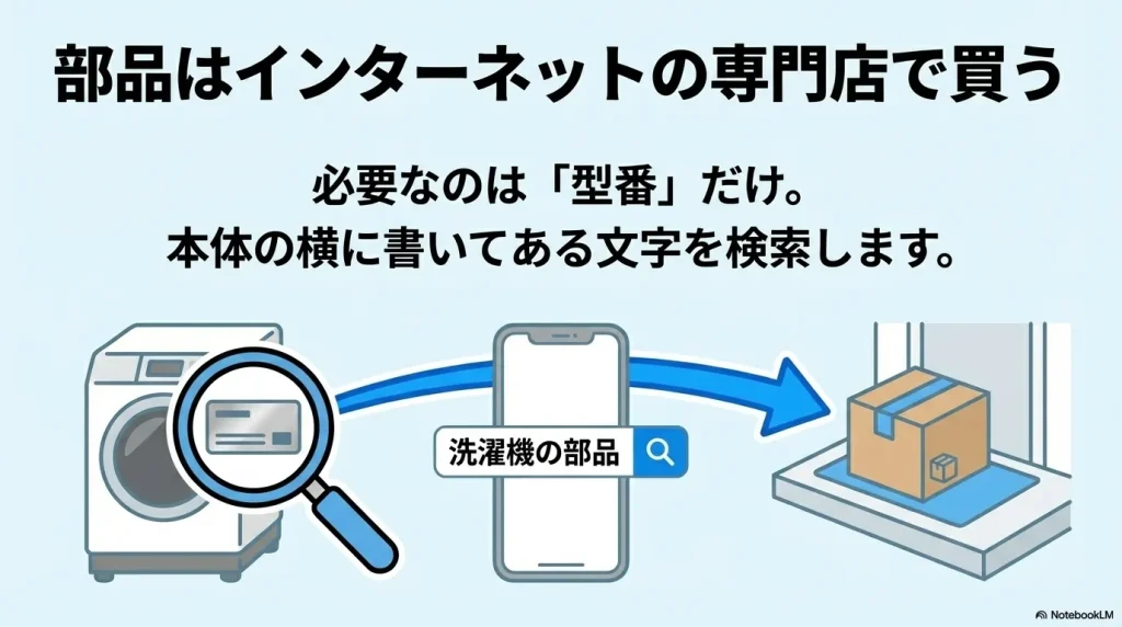 本体横に書いてある型番を検索して、インターネットで部品を購入する流れのイラスト。