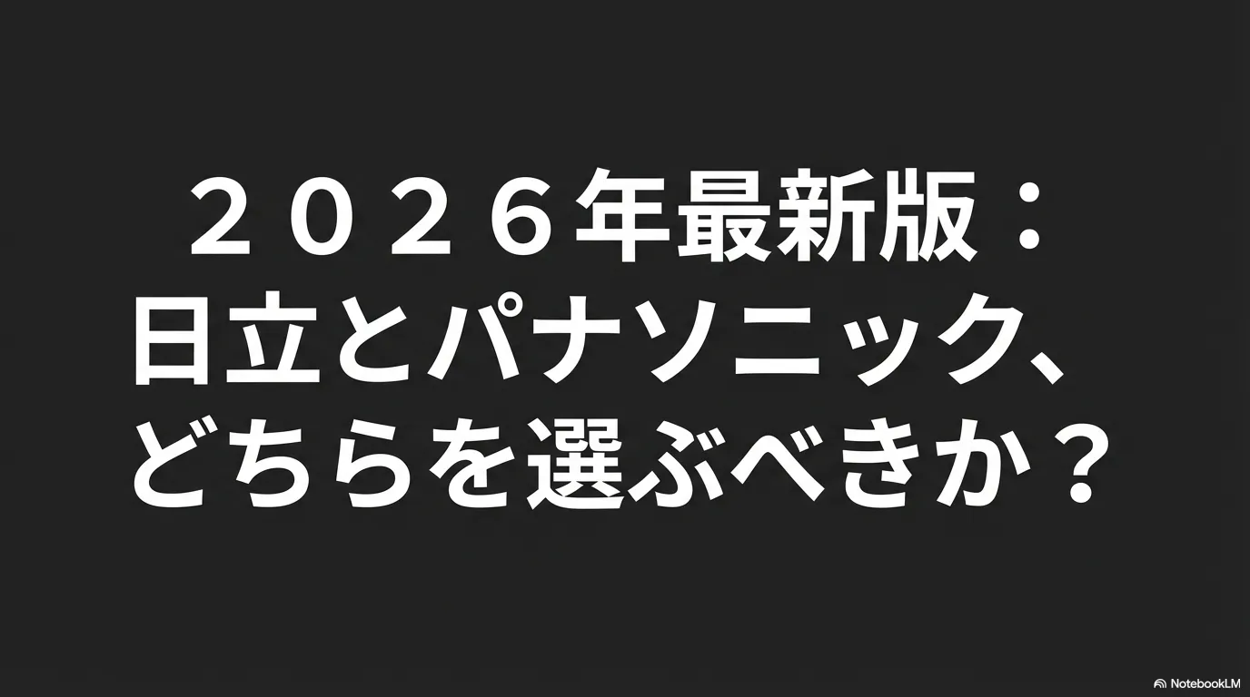 2026年最新版の日立とパナソニックのドラム式洗濯機の比較まとめスライドの表紙。