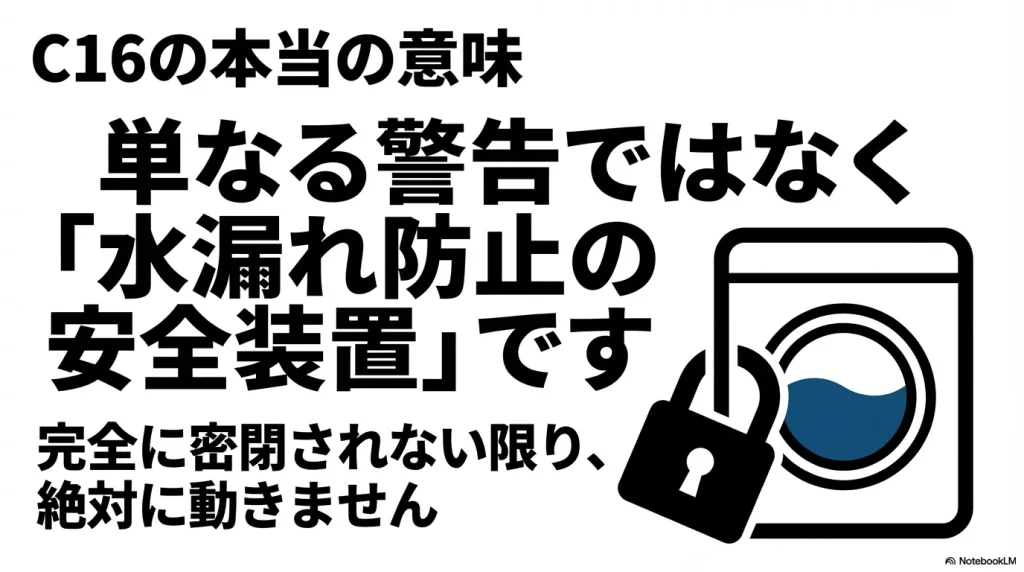 C16エラーは単なる警告ではなく、水漏れ防止の安全装置であることを説明するスライド。 完全に密閉されない限り絶対に動かない旨が記載されている。