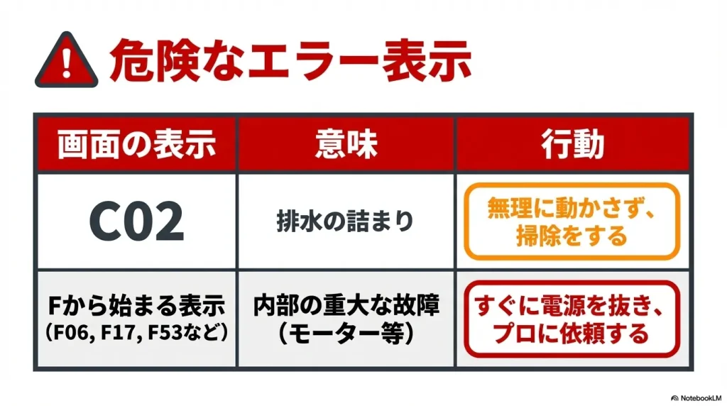 排水詰まりのC02エラーと、内部故障を示すFから始まるエラーコードの対処法まとめ表