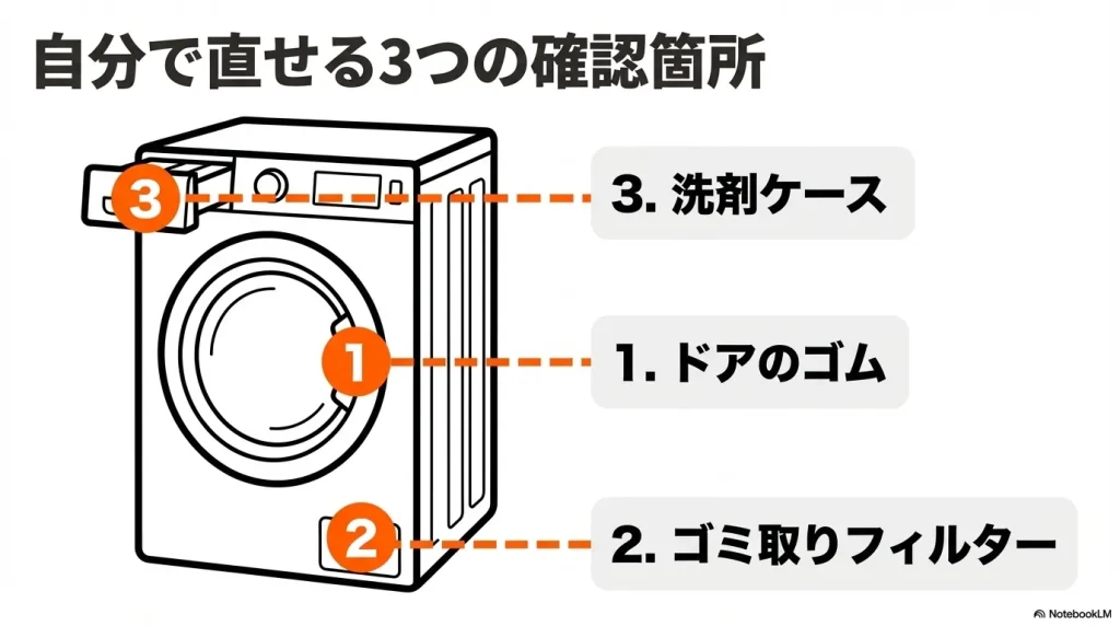 日立ドラム式洗濯機のドアゴム、糸くずフィルター、洗剤ケースの場所を示したイラスト