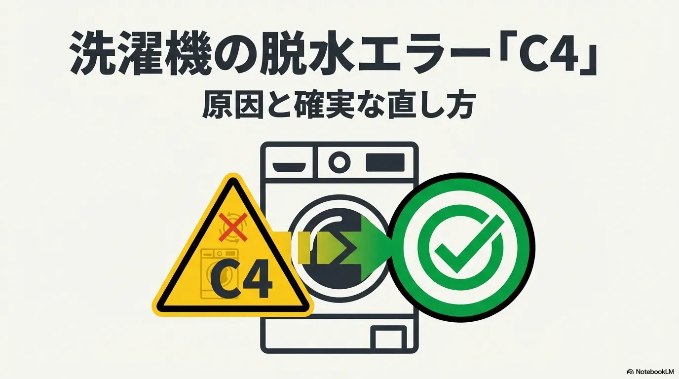 洗濯機の脱水エラーC4の警告表示から、解決を意味するチェックマークへの変化を表したイラスト。原因と確実な直し方の解説スライド。