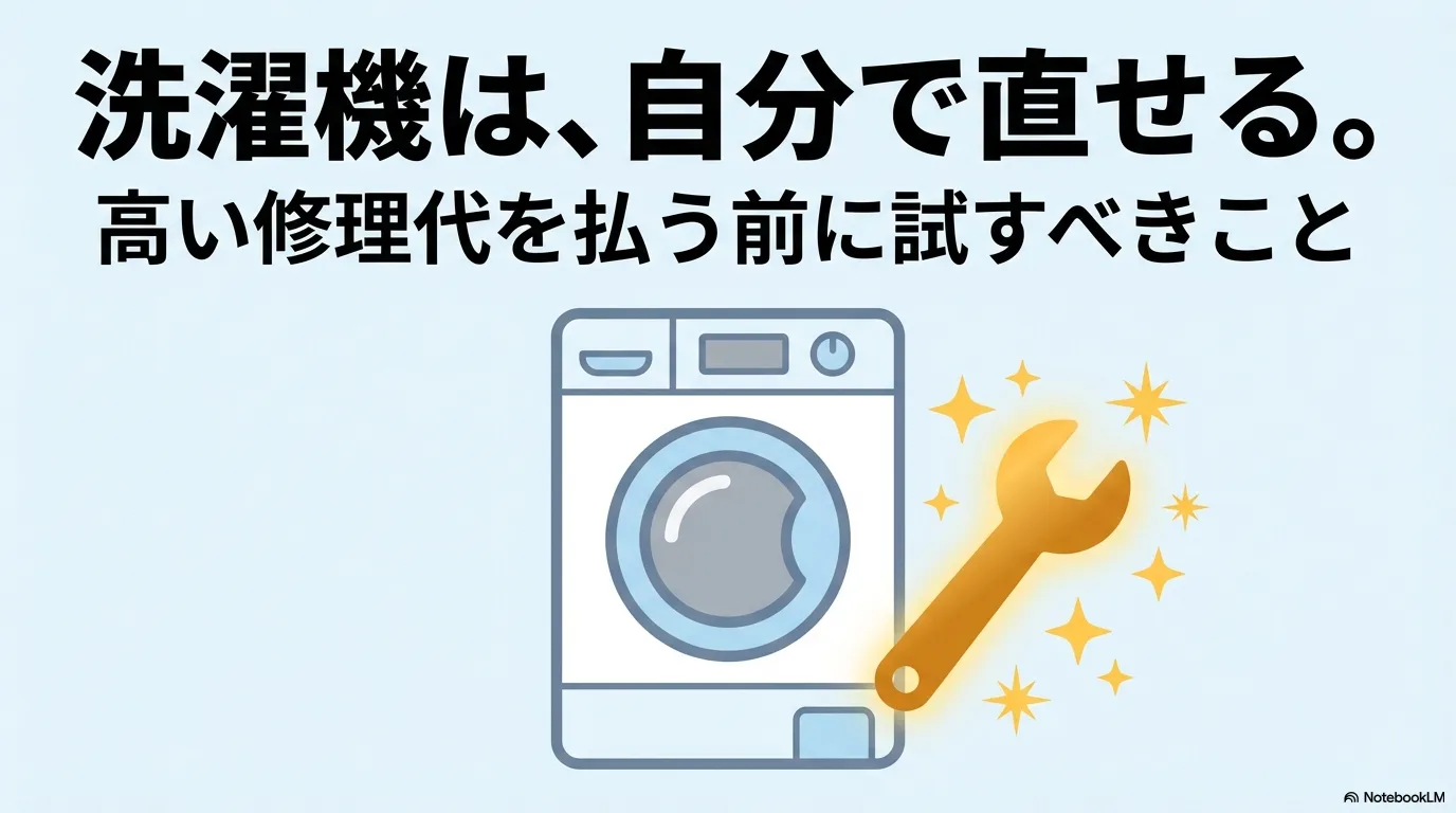 洗濯機とスパナのイラスト。自分で修理代を安く済ませるためのガイド。