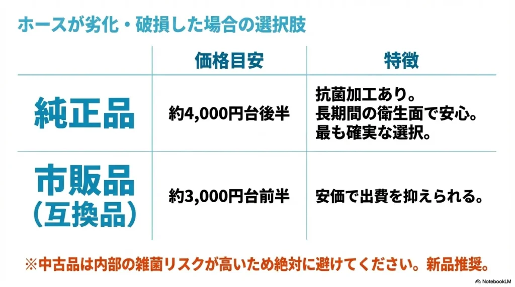 純正品と市販品(互換品)のホース交換費用の比較表と、中古品は絶対に避けるべきという注意点